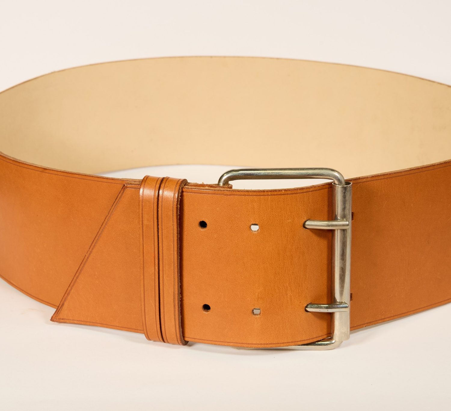 Wide orange leather belt with double buckle