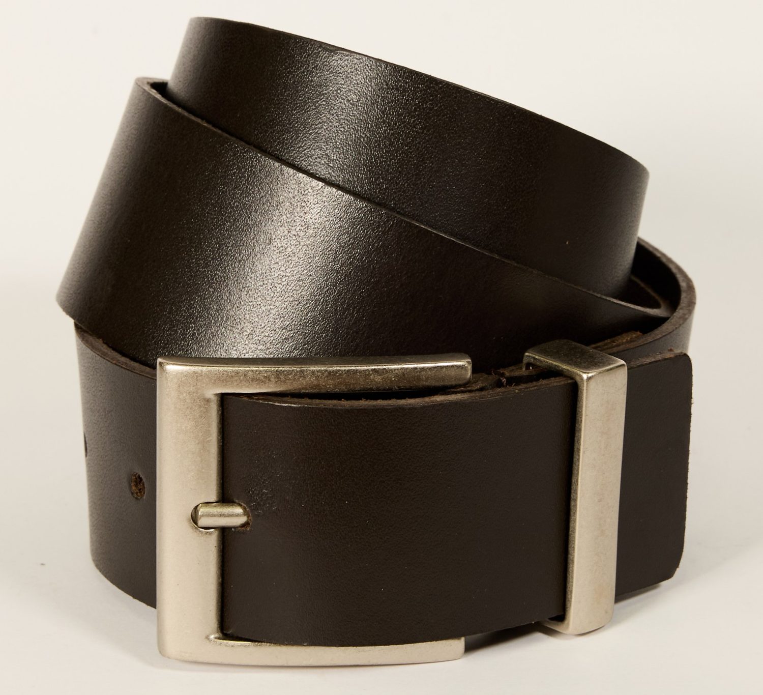Wide dark brown leather belt with nickel buckle