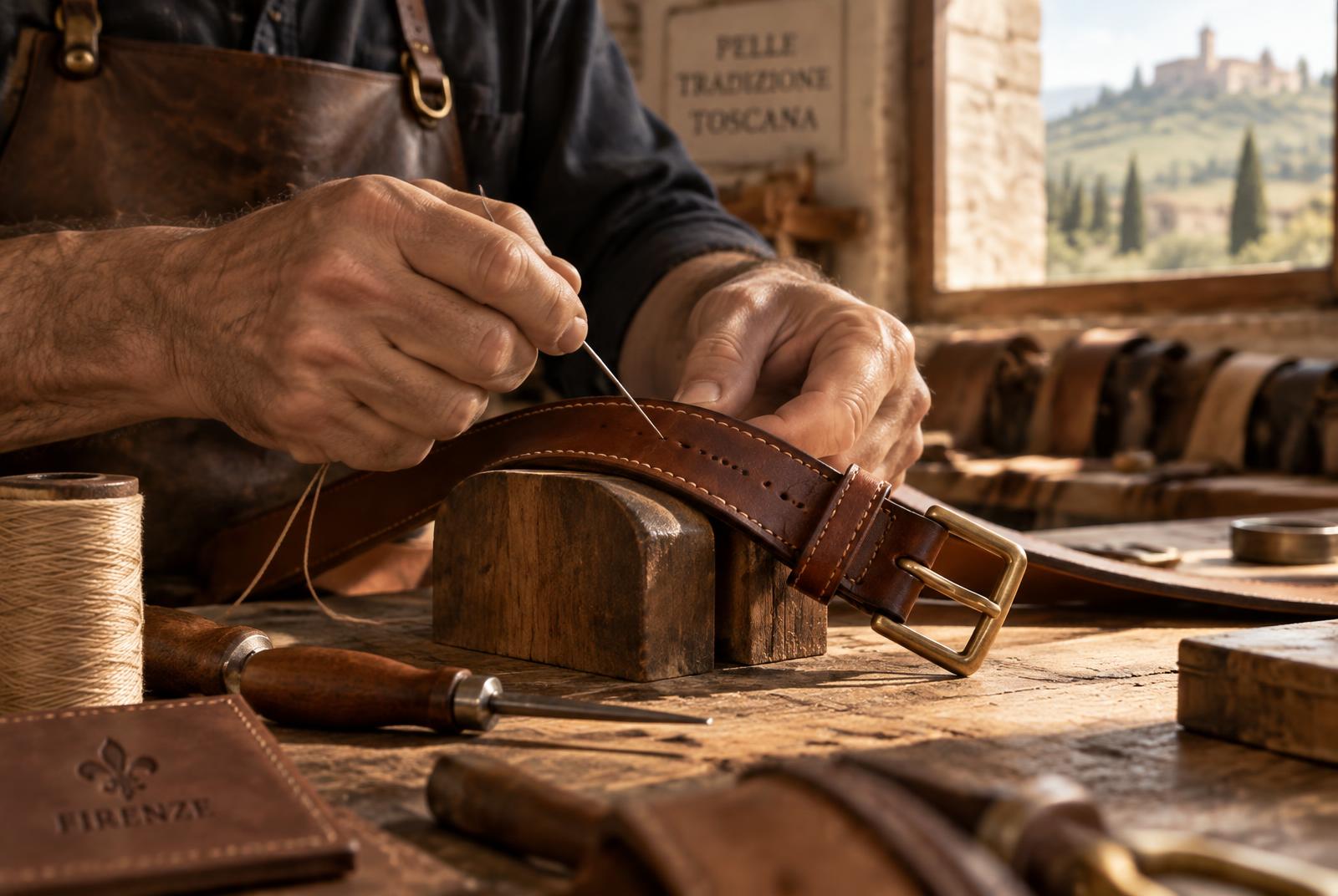 Artisan hand-stitching a leather belt