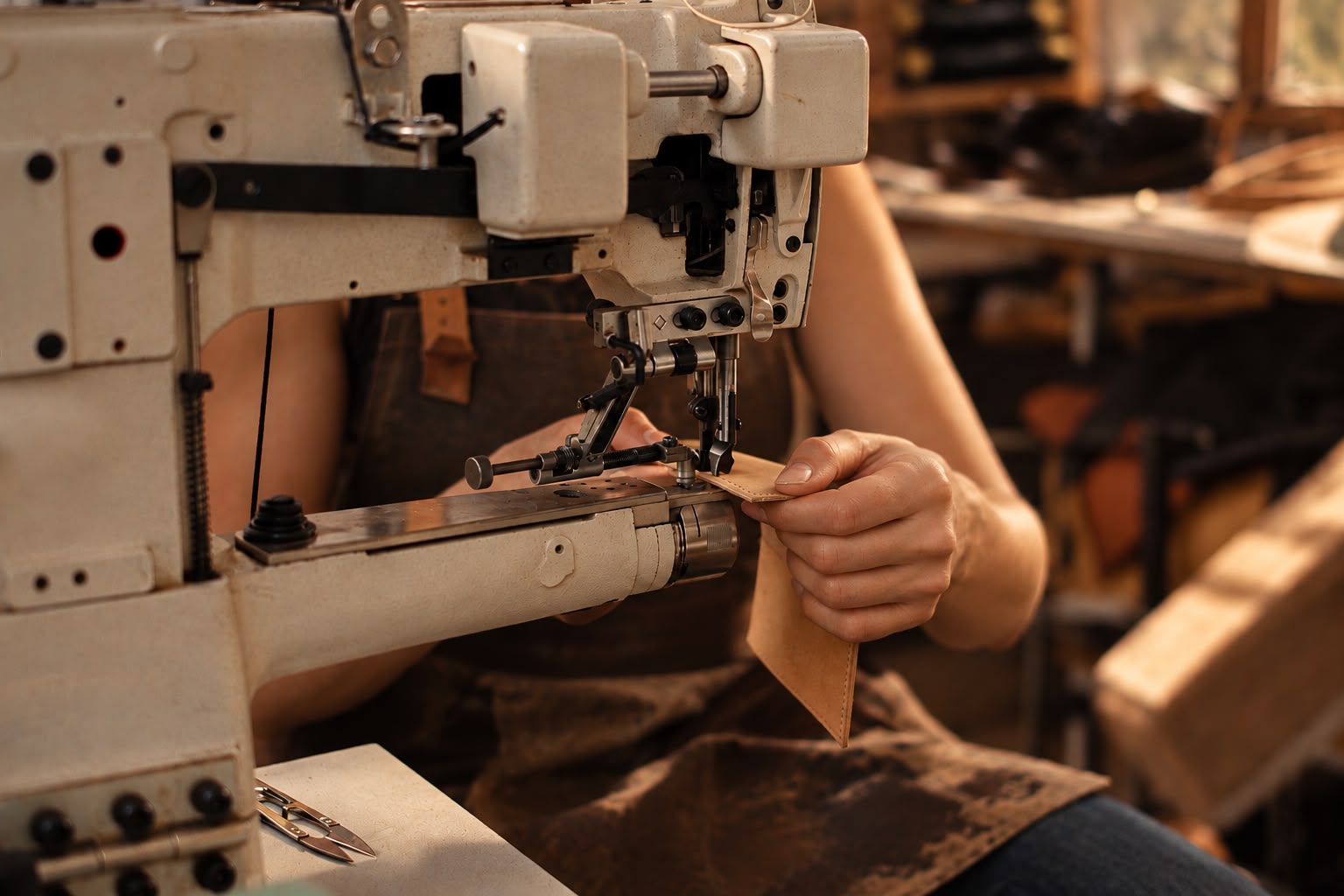 Artisan guiding a piece of leather under an industrial sewing machine